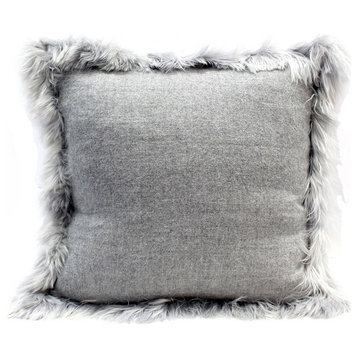 Alpaca Fur Trimmed Cushion With Woven Baby Alpaca Fabric 18x18", Glacier
