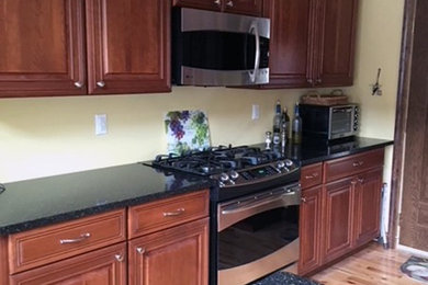 Example of a large classic l-shaped light wood floor and yellow floor eat-in kitchen design in Other with an undermount sink, raised-panel cabinets, medium tone wood cabinets, quartzite countertops, stainless steel appliances, an island and black countertops