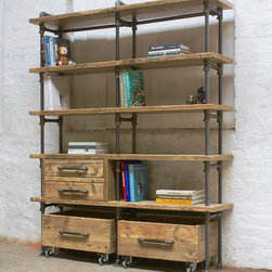 Ana-Maria Clear Varnished Reclaimed Scaffolding & Steel Pipe Bookcase & Drawers - Bookcases