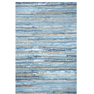 Handwoven Denim Leather and Cotton Flatweave Rug, Blue, 5'x8'