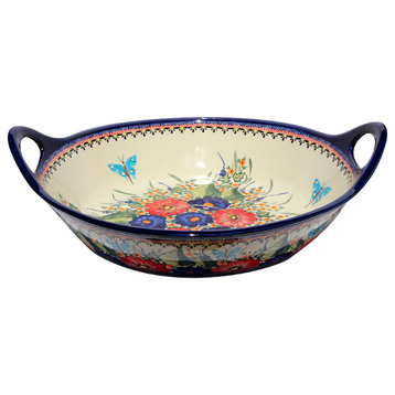 Polish Pottery Large Deep Bowl with Handles, Pattern Number: 149ar
