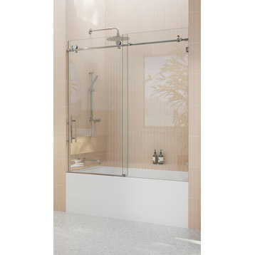 52-56"x60" Frameless Bath Tub Sliding Shower Door, Polished Chrome