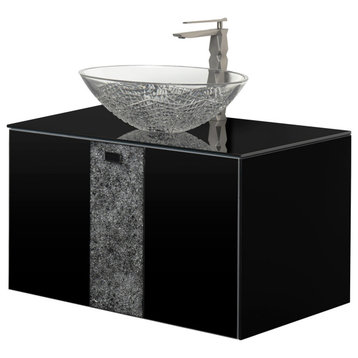 Luxury Crystal Single Bathroom Vanity, Black, Single Sink, Wall-mounted