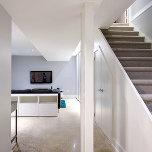 This is an example of a small contemporary fully buried basement in Toronto with blue walls, concrete flooring and no fireplace.