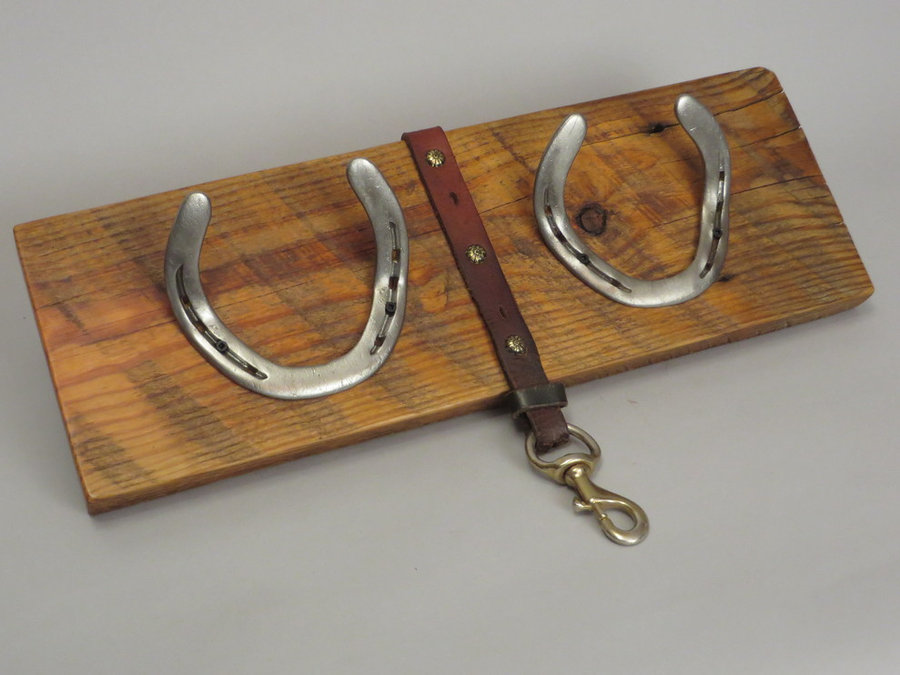 #R15052 Coat Rack Reclaimed Pine, horseshoes, leather.