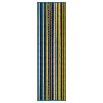 Coronado Indoor and Outdoor Striped Blue and Brown Rug, 2'3"x7'6"
