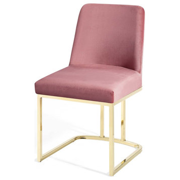 Side Dining Chair, Velvet, Metal, Gold Pink, Modern, Cafe Bistro Restaurant