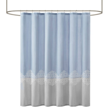 Pieced and Embroidered Shower Curtain, 72x72, Blue