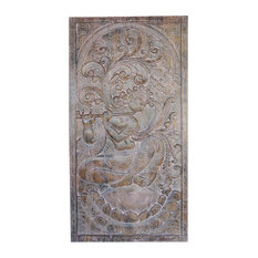 Consigned Vintage Fluting Krishna under Kadambari Tree Wall Sculpture Panel