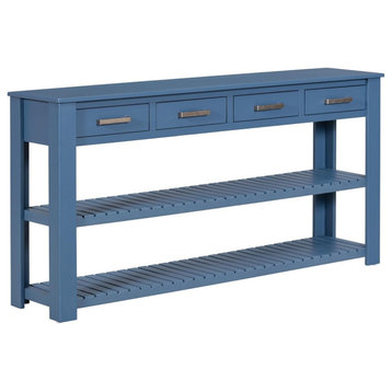 Modern Console Table, Pine Wood Frame With Slatted Shelves & 4 Drawers, Blue