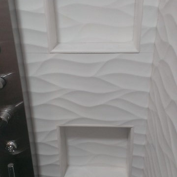 MASTER BATHROOM - Large Wave Tile Shower / Penny Tile Wainscot / Ikea Cabinets