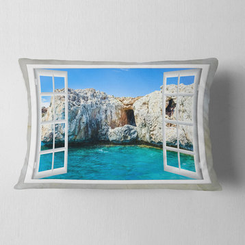 Window Open to Sunny Summer Sea Seashore Throw Pillow, 12"x20"