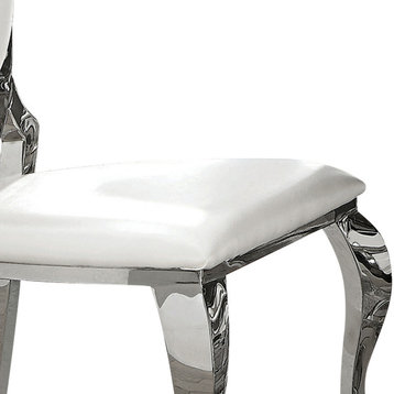 Metal Armless Dining Chair With Oval Padded Back, Set Of 2,Silver And White