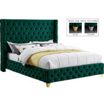 Meridian Furniture - Savan Velvet Upholstered Bed, Green, King - Bring luxury to the forefront when you add this Savan velvet king-size bed to your room. Upholstered in rich green velvet from the top of its super-high headboard down to its footboard, this beautiful bed features deep button tufting and a wingback detail to make it a true standout in your space. This luxe bed comes with two sets of legsincluding both gold and chrome optionsso you can customize it to completely coordinate with other items in your space. Full slats are included so that you can set it up and start using it right away.