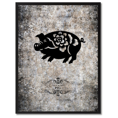 Pig Chinese Zodiac Black Print on Canvas with Picture Frame, 28"x37"