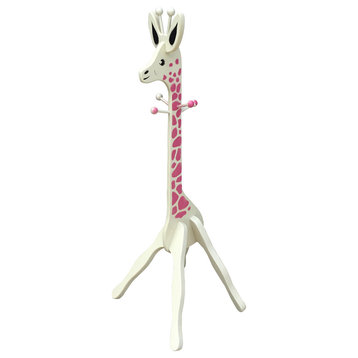 Pine 4' Child Size Giraffe Coat Rack, White With Pink Spots