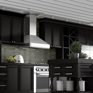 A black kitchen featuring a ZLINE 476 Stainless Steel Wall Range Hood