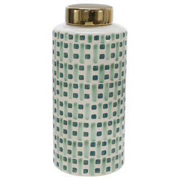 Ceramic 13" Jar With Gold Lid, Green/White