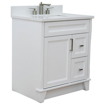 31" Single Sink Vanity, White Finish With White Quartz With Rectangle Sink