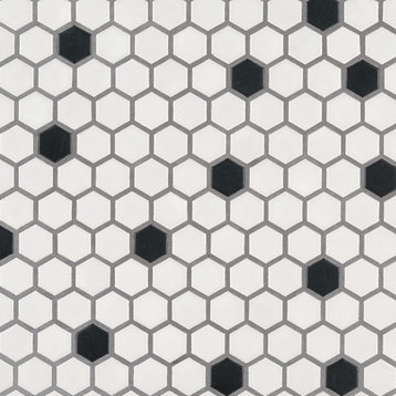 Black And White 1X1 Hexagon Matte Porcelain Tile, 30 Sheets