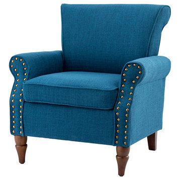 32.5" Wooden Upholstered Accent Chair With Arms, Navy
