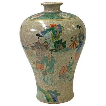 Vintage Chinese Crackle Beige Color People Graphic Porcelain Vase Hws3430