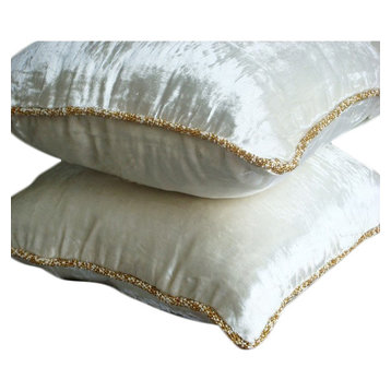 White Solid Color 22"x22" Velvet Pillows Covers for Couch, White Shimmer