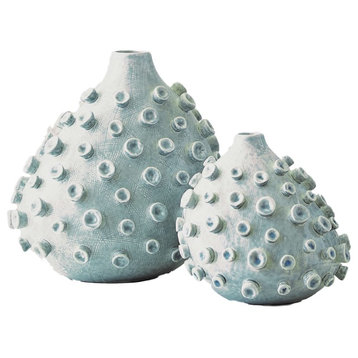Luxe Fat Abstract Sea Blue Bottle Vase Set 2, Round Coastal Organic Shape Coral