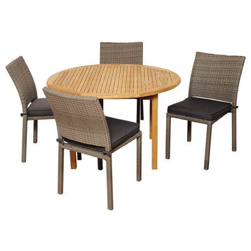 Anthony 5-Piece Teak and Wicker Round Patio Dining Set With Grey Cushions