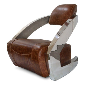 Modern Art Deco Aviator Chair - Polished Chrome - Genuine Leather