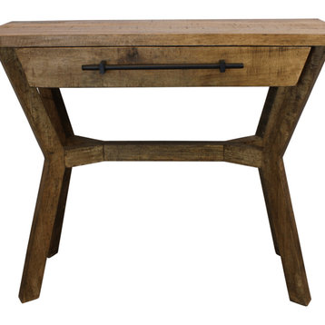 36" Natural Solid Wood Distressed Cross Leg Console Table With Storage