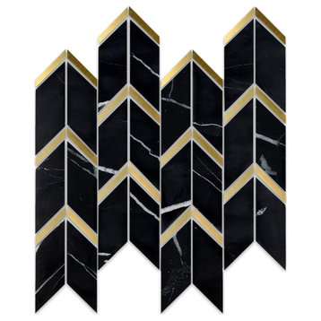 Tnngg-03 Triangle Arrow Chevron Black/Gold Polished Marble Mosaic Tile, 10 Sheet