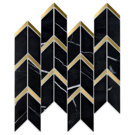 Tnngg-03 Triangle Arrow Chevron Black/Gold Polished Marble Mosaic Tile, 10 Sheet