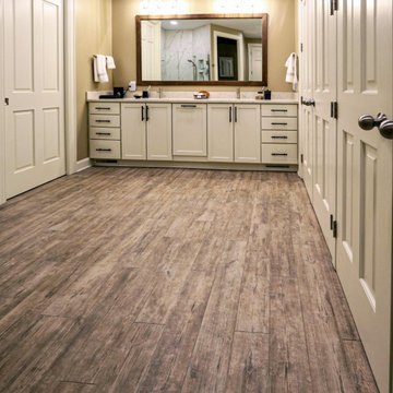 Rustic Master Bathroom with Barrier Free Shower and Closet Organization