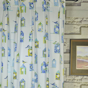 Birdhouses Double Pinch Pleat Printed Cotton Curtain Heading Style