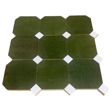 Contemporary Zellige Tile, Hunter Green With White, 8-Panels 12x12"