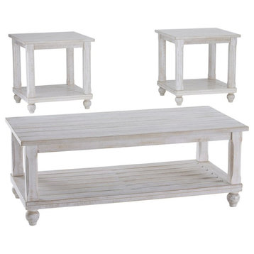Plank Style Wooden Table Set With Slatted Lower Shelf & Bun Feet, Set Of 3,White