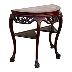 Chinese Red Brown Color Solid Wood Stone Top Craw Legs Half Table - Console Tables