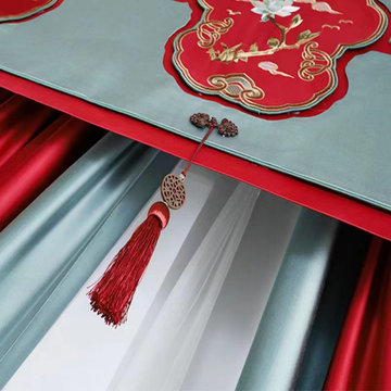QYHL225P Silver Beach Embroidered Lotus Red Faux Silk Custom Made Curtains