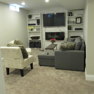 Modelo de sótano en el subsuelo moderno, pequeño, con paredes grises, moqueta, chimeneas suspendidas, marco de chimenea de piedra y suelo gris