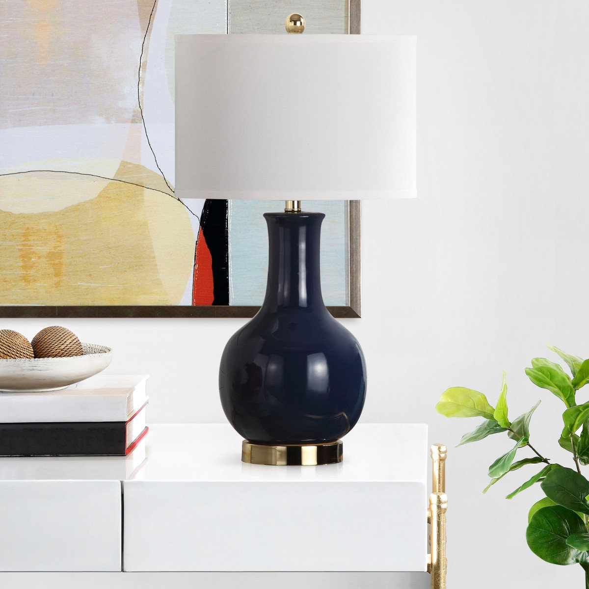 Safavieh White Ceramic Paris Lamp, Navy
