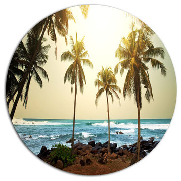 Rocky Tropical Beach With Palms, Seashore Round Wall Art, 11"
