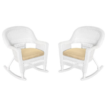 Set of 2 Outdoor Rocking Chair, White Wicker Frame & Comfortable Cushioned Seat