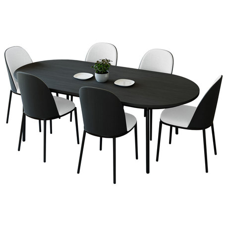 LeisureMod Tule 7-Piece Dining Set in Black Steel Frame , Black/White