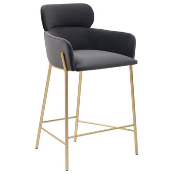 Contemporary Counter Stool, Gold Base & Velvet Seat With Curved Back, Dark Grey