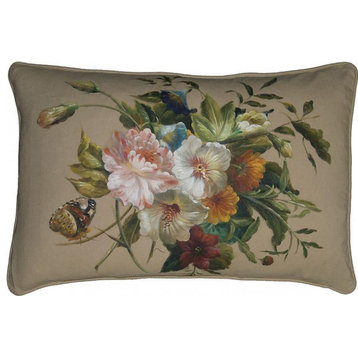 Hand-Painted Linen Throw Pillow 16"x24" Butterfly and Flowers
