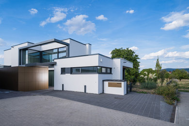 Großes, Zweistöckiges Modernes Einfamilienhaus mit Putzfassade, weißer Fassadenfarbe, Flachdach und Wandpaneelen in Frankfurt am Main