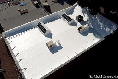 Example of a large mountain style flat roof design in Los Angeles