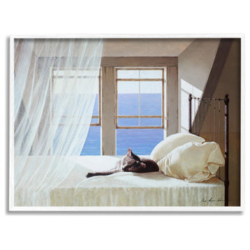 Cat Resting on White Oceanside Bed Nautical Painting, 14 x 11
