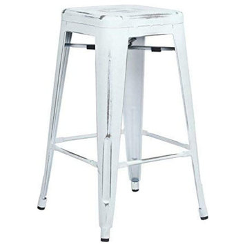 4 Pack Industrial Counter Stool, Backless Design With Square Seat, Antique White